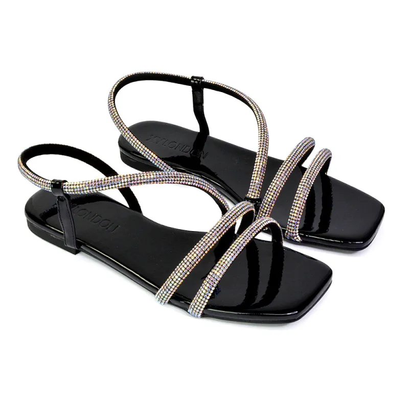 Dove Sparkly Low Heel Square Toe Strappy Diamante Flat Sandals in Black sold by XYlondon
