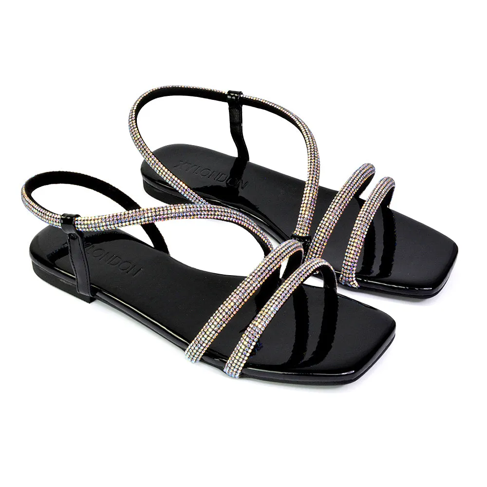 Dove Sparkly Low Heel Square Toe Strappy Diamante Flat Sandals in Black sold by XYlondon