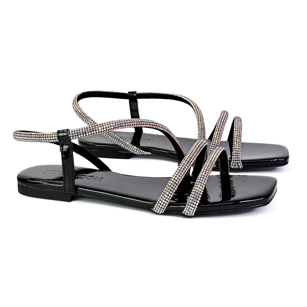 Dove Sparkly Low Heel Square Toe Strappy Diamante Flat Sandals in Black sold by XYlondon product image thumbnail 5