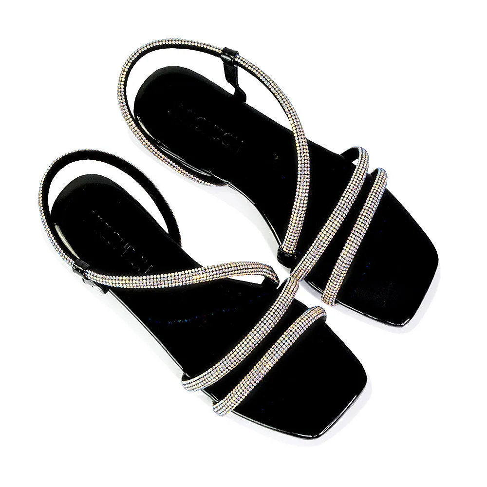 Dove Sparkly Low Heel Square Toe Strappy Diamante Flat Sandals in Black sold by XYlondon product image thumbnail 2