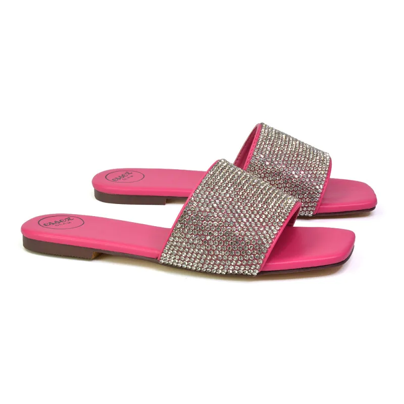 Vanity Flat Diamante Gem Crystal Sandals with a Square Toe in Fuchsia sold by XYlondon
