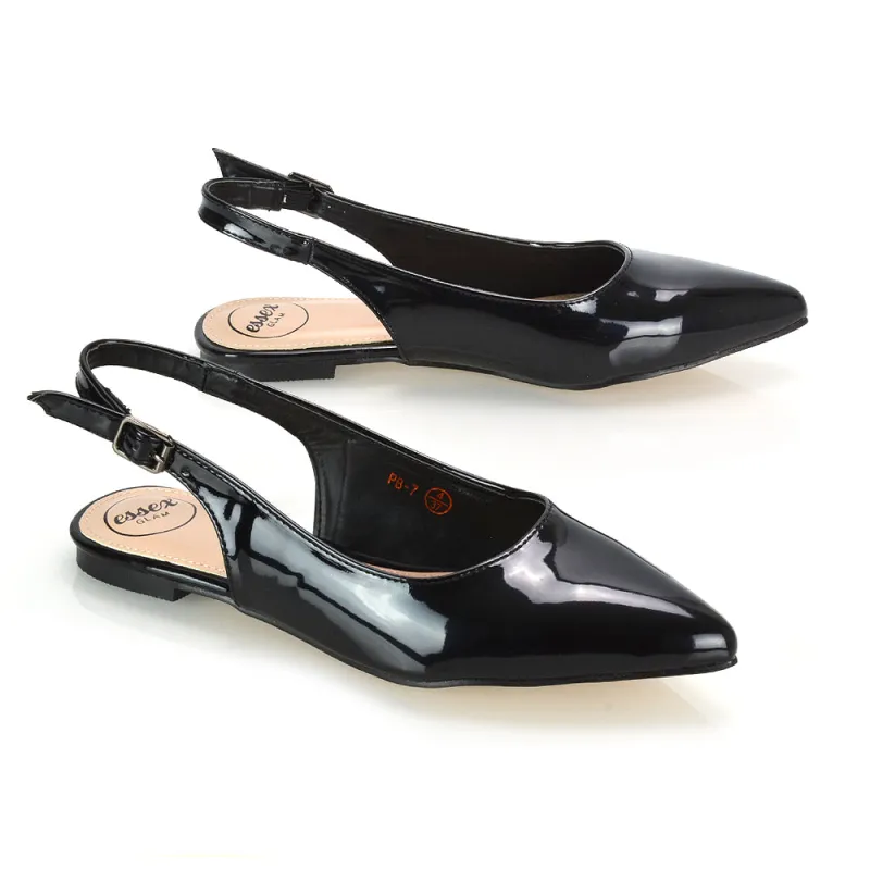 Mindy Pointed Toe Slingback Flat Ballerina Pumps in Black Patent sold by XYlondon
