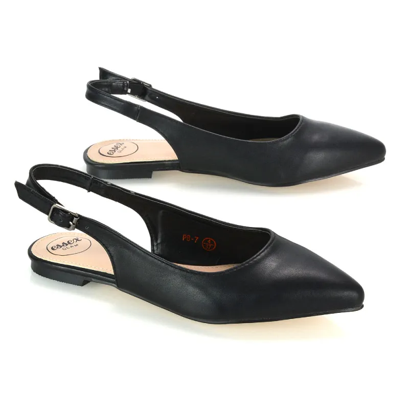 Mindy Pointed Toe Slingback Flat Ballerina Pumps in Black Synthetic Leather sold by XYlondon