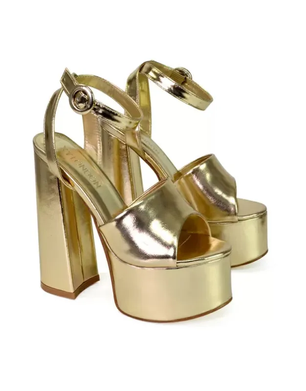 Pennie Strappy Super High Platform Shoes With a Chunky Heel in Gold sold by XYlondon