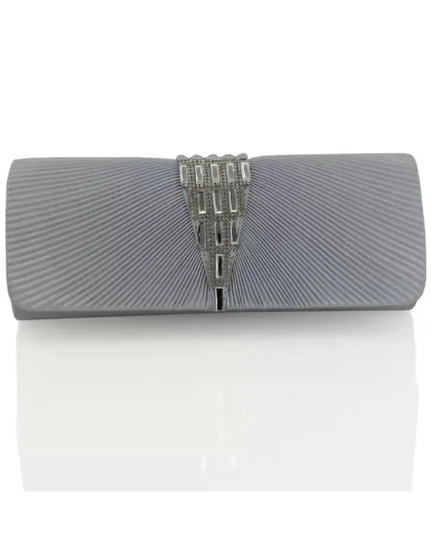 TESSA PLEATED DETAIL DIAMANTE RHINESTONE EVENING CLUTCH BAG IN SILVER SATIN made by XYlondon