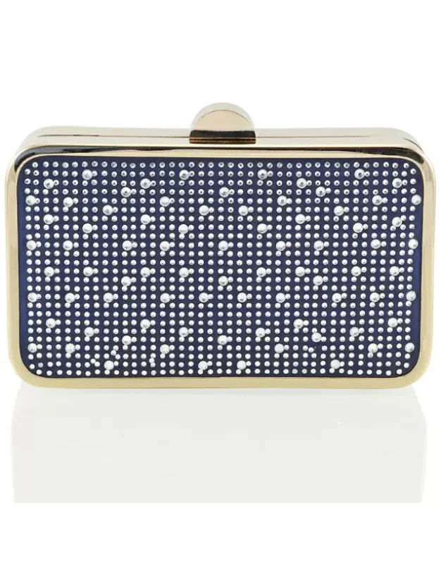JASMINE CHROME PLATED DETAIL CLASP DIAMANTE CLUTCH EVENING BAG IN NAVY SATIN made by XYlondon