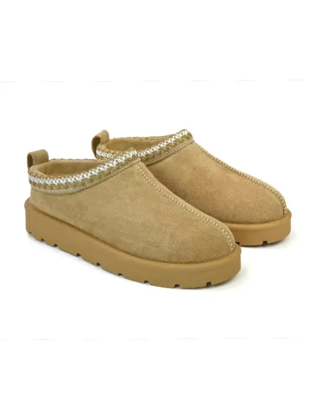 Zoe Aztec Faux Fur Slip On Winter Micro Slippers In Sand sold by XYlondon