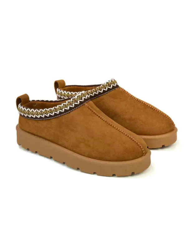 Zoe Aztec Faux Fur Slip On Winter Micro Slippers In Chestnut sold by XYlondon