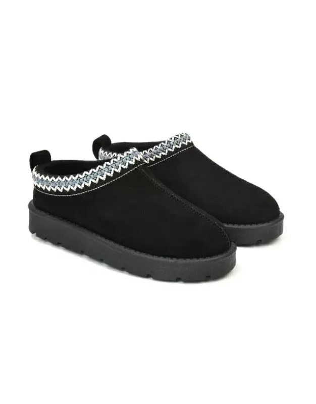 Zoe Aztec Faux Fur Slip On Winter Micro Slippers In Black sold by XYlondon