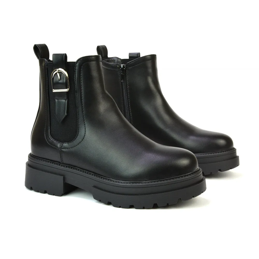 Bryce Chunky Heel Sole Slip On Zip Up Chelsea Ankle Boots in Black Synthetic Leather sold by XYlondon