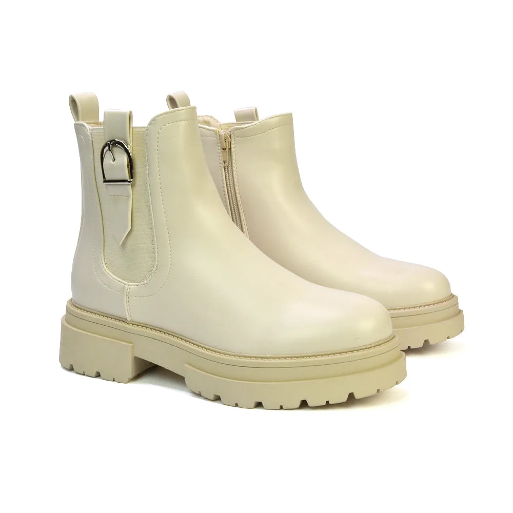 Bryce Chunky Heel Sole Slip On Zip Up Chelsea Ankle Boots in Nude Synthetic Leather sold by XYlondon product image thumbnail 3