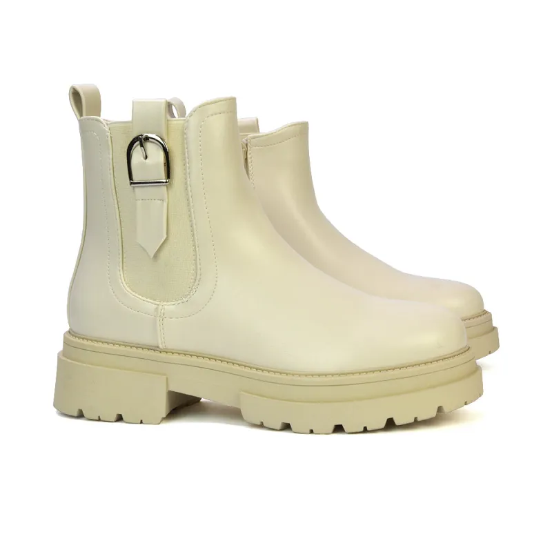 Bryce Chunky Heel Sole Slip On Zip Up Chelsea Ankle Boots in Nude Synthetic Leather sold by XYlondon