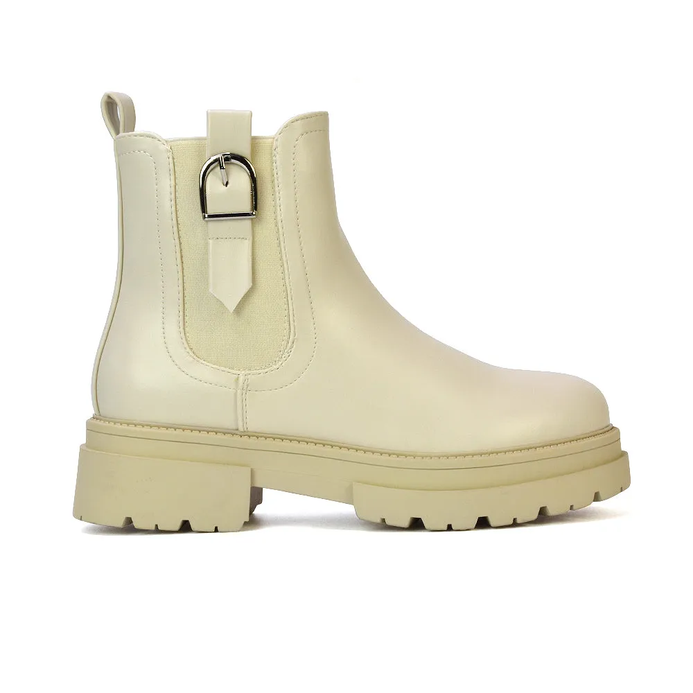 Bryce Chunky Heel Sole Slip On Zip Up Chelsea Ankle Boots in Nude Synthetic Leather sold by XYlondon product image thumbnail 5