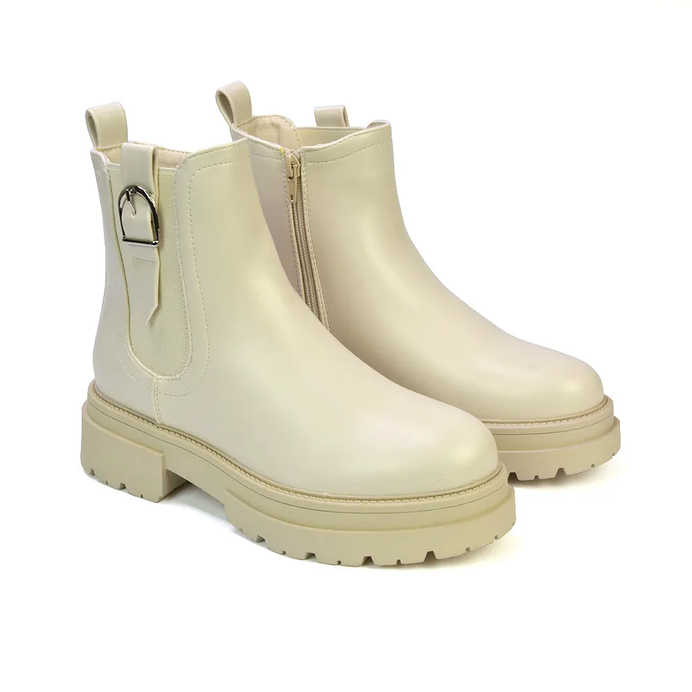 Bryce Chunky Heel Sole Slip On Zip Up Chelsea Ankle Boots in Nude Synthetic Leather sold by XYlondon product image thumbnail 2