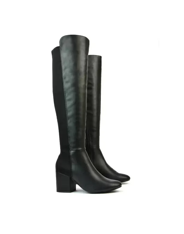 Falcon Mid Block Heel Elasticated High Heel Knee High Boots in Black Synthetic Leather sold by XYlondon product image thumbnail 4