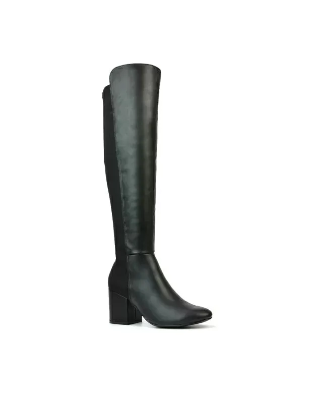 Falcon Mid Block Heel Elasticated High Heel Knee High Boots in Black Synthetic Leather sold by XYlondon product image thumbnail 3