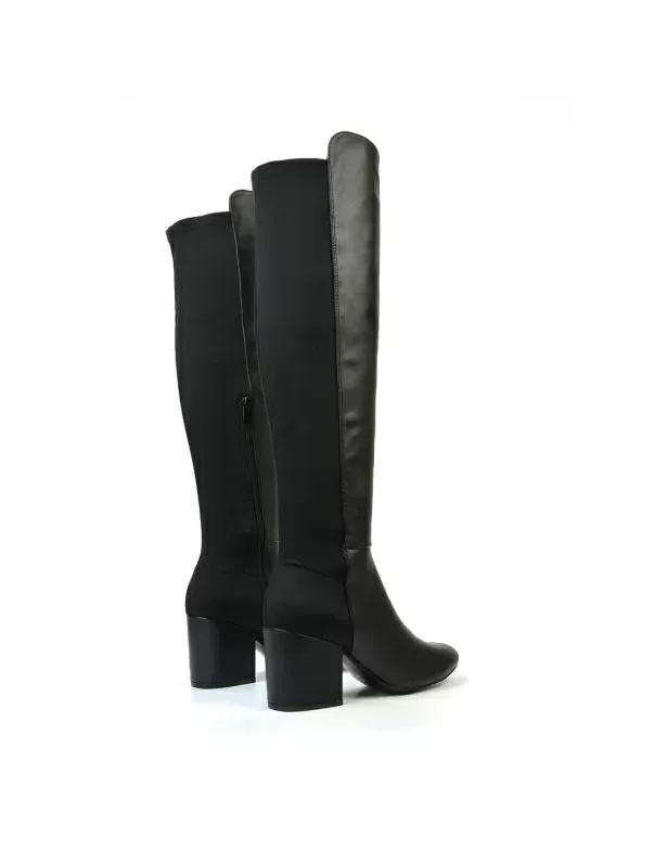 Falcon Mid Block Heel Elasticated High Heel Knee High Boots in Black Synthetic Leather sold by XYlondon