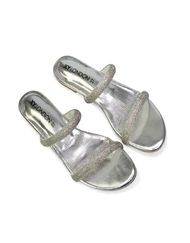 Hope Slip On Sparkly Bridal Shoes Summer Diamante Flat Sandals in Silver sold by XYlondon