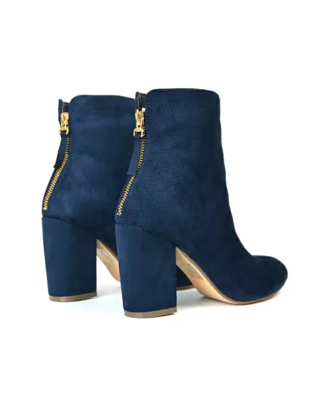 Evia Zip-Up Mid Block Heel Sock Ankle Boots in Navy Faux Suede sold by XYlondon