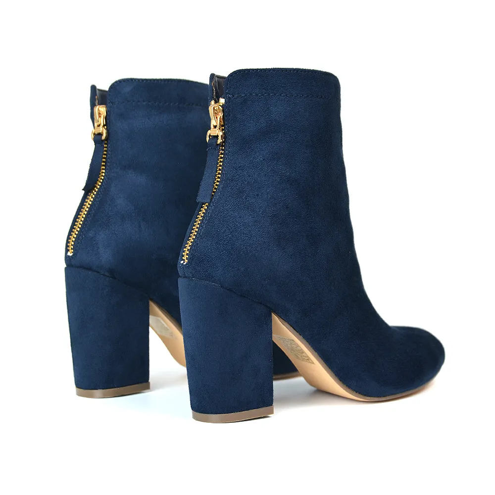 Evia Zip-Up Mid Block Heel Sock Ankle Boots in Navy Faux Suede sold by XYlondon product image thumbnail 4
