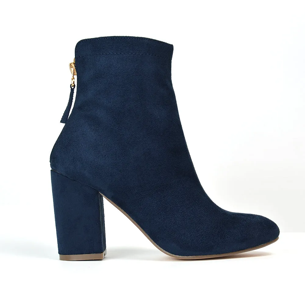 Evia Zip-Up Mid Block Heel Sock Ankle Boots in Navy Faux Suede sold by XYlondon product image thumbnail 3