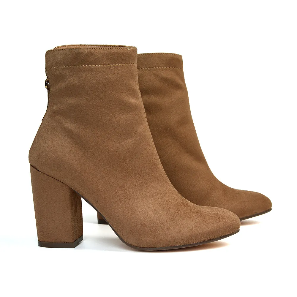 Evia Zip-Up Mid Block Heel Sock Ankle Boots in Tan Faux Suede sold by XYlondon product image thumbnail 5
