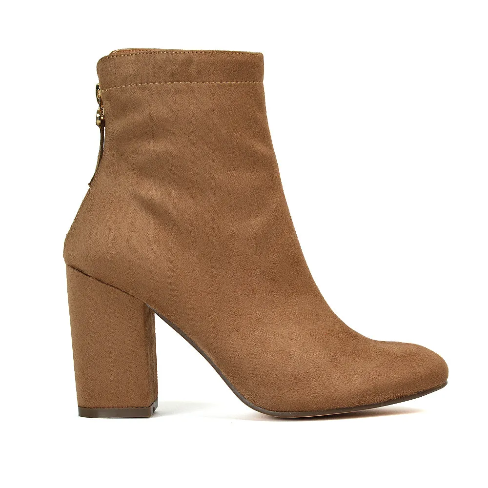 Evia Zip-Up Mid Block Heel Sock Ankle Boots in Tan Faux Suede sold by XYlondon product image thumbnail 4