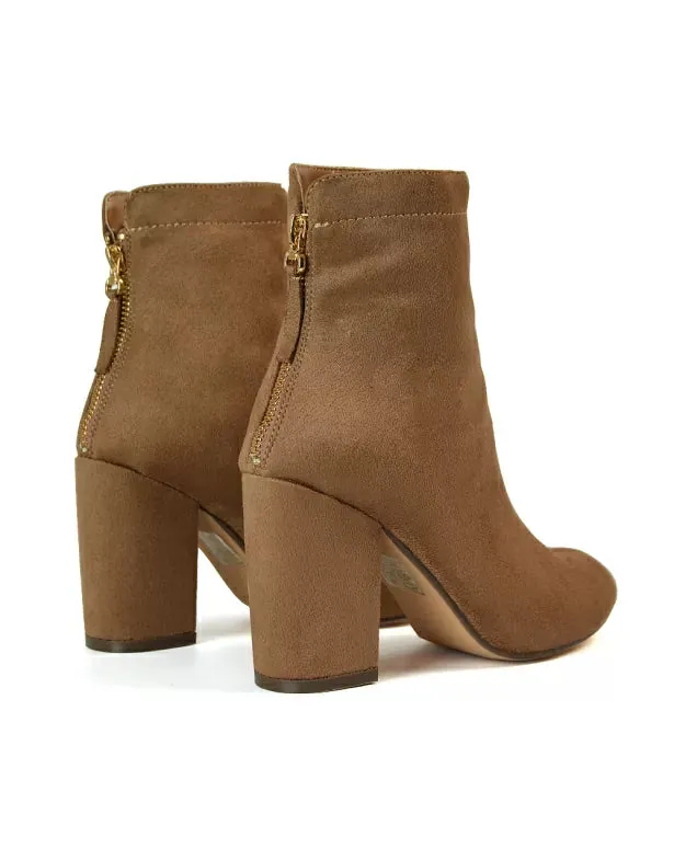 Evia Zip-Up Mid Block Heel Sock Ankle Boots in Tan Faux Suede sold by XYlondon