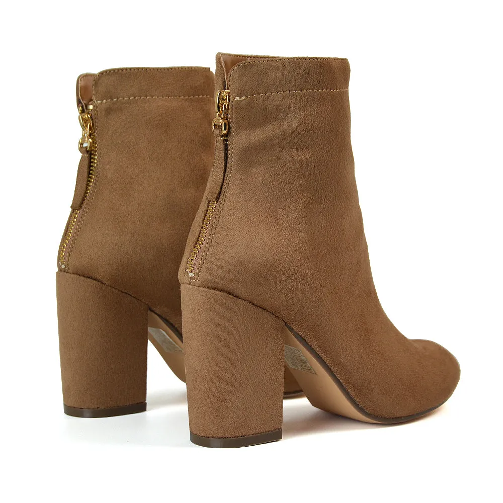 Evia Zip-Up Mid Block Heel Sock Ankle Boots in Tan Faux Suede sold by XYlondon product image thumbnail 3