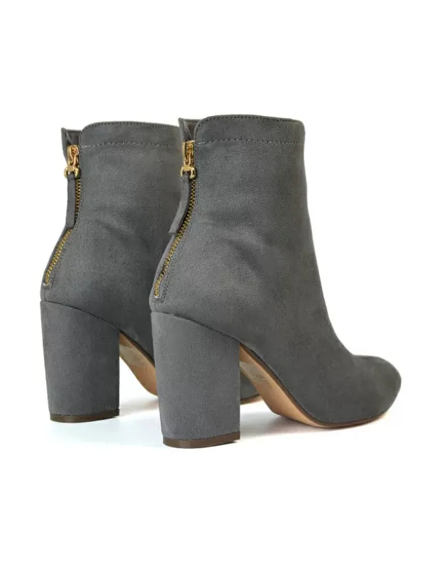 Evia Zip-Up Mid Block Heel Sock Ankle Boots in Grey Faux Suede sold by XYlondon