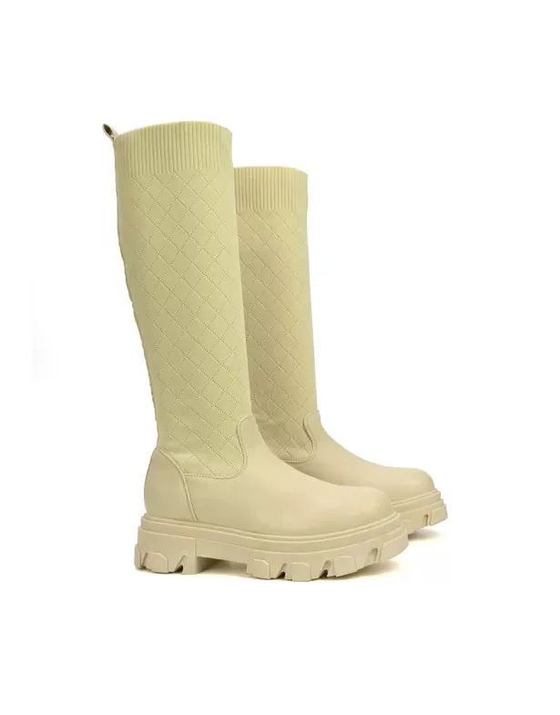 Oscar Chunky Sole Knitted Knee High Sock Biker Boots in Nude Synthetic Leather sold by XYlondon product image thumbnail 4