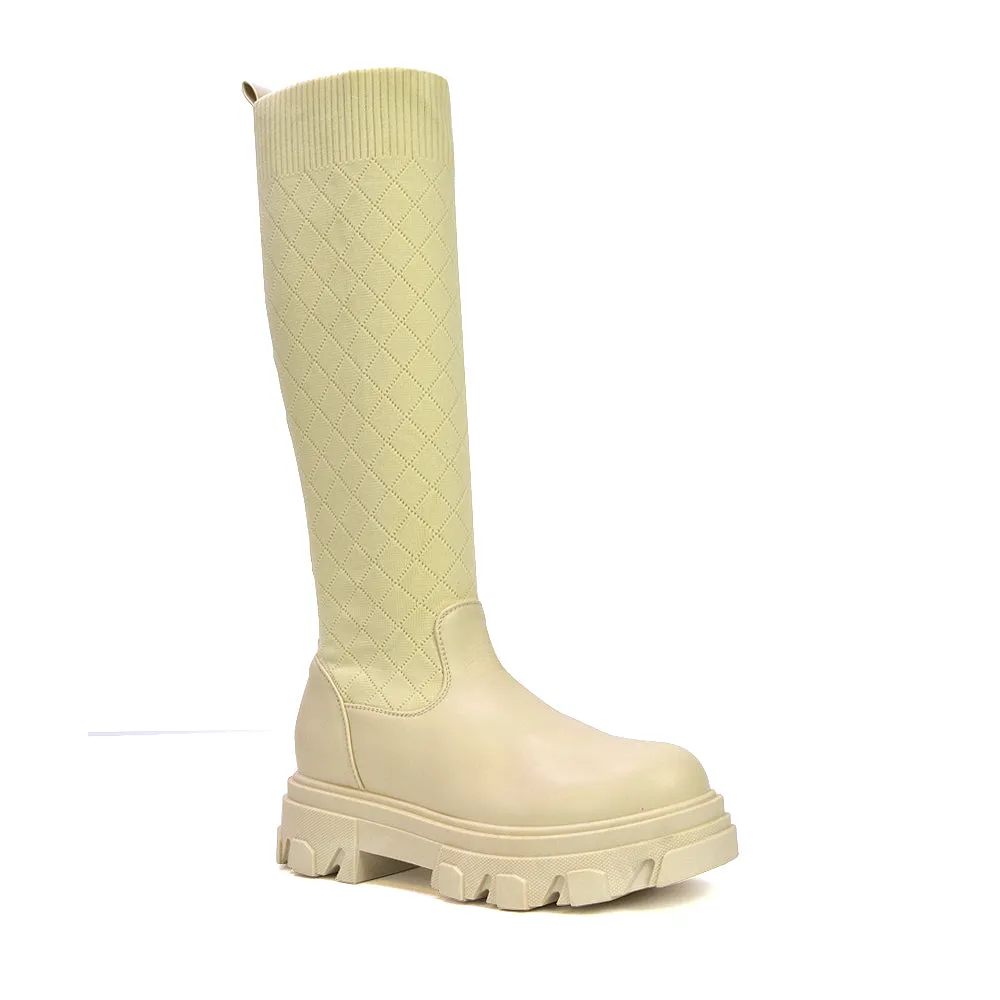 Oscar Chunky Sole Knitted Knee High Sock Biker Boots in Nude Synthetic Leather sold by XYlondon product image thumbnail 5