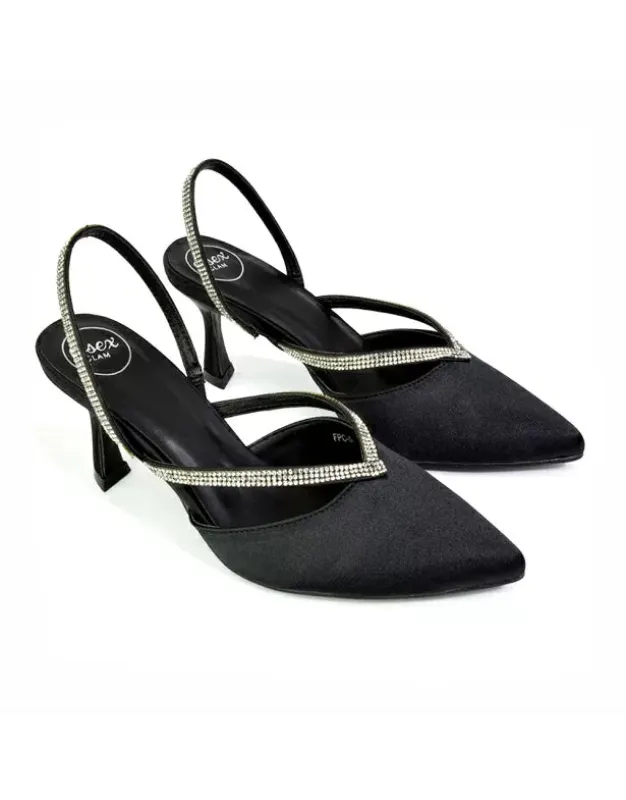 Marissa Pointed Toe Diamante Sling Back Strappy Stiletto Bridal Heels in Black sold by XYlondon