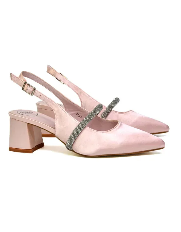 Sandie Sling Back Strappy Pointed Toe Diamante Mid Block Heels in Pink sold by XYlondon product image thumbnail 4