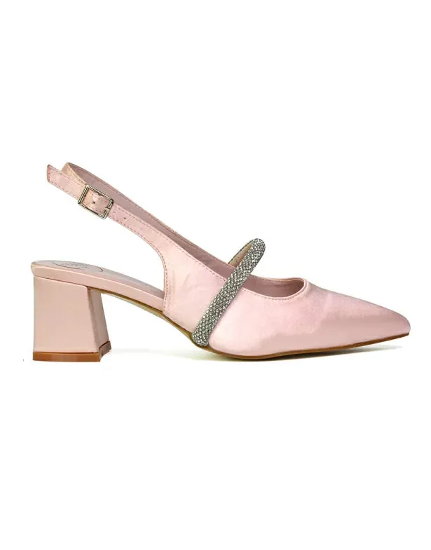 Sandie Sling Back Strappy Pointed Toe Diamante Mid Block Heels in Pink sold by XYlondon product image thumbnail 3