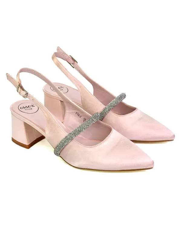 Sandie Sling Back Strappy Pointed Toe Diamante Mid Block Heels in Pink sold by XYlondon