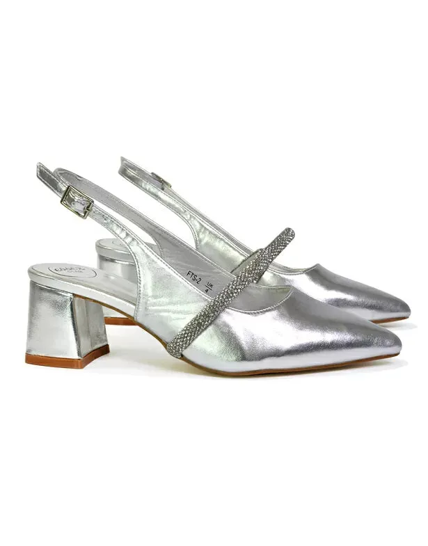 Sandie Sling Back Strappy Pointed Toe Diamante Mid Block Heels in Silver sold by XYlondon product image thumbnail 4