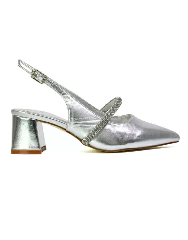 Sandie Sling Back Strappy Pointed Toe Diamante Mid Block Heels in Silver sold by XYlondon product image thumbnail 3