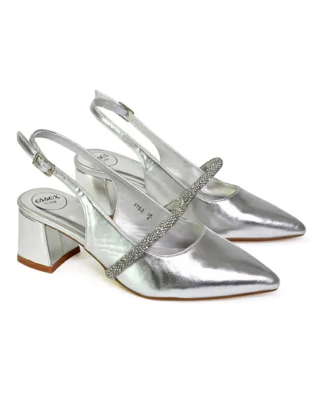 Sandie Sling Back Strappy Pointed Toe Diamante Mid Block Heels in Silver sold by XYlondon