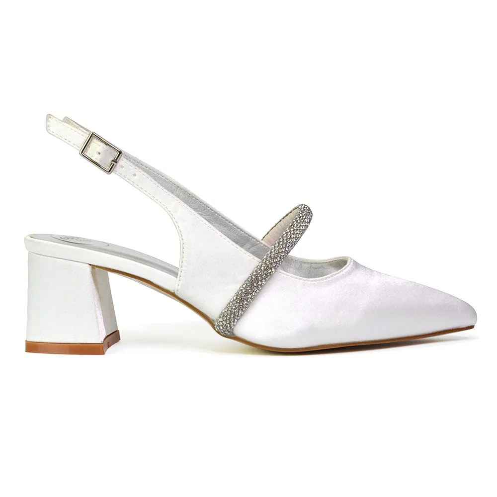 Sandie Sling Back Strappy Pointed Toe Diamante Mid Block Heels in White sold by XYlondon product image thumbnail 4