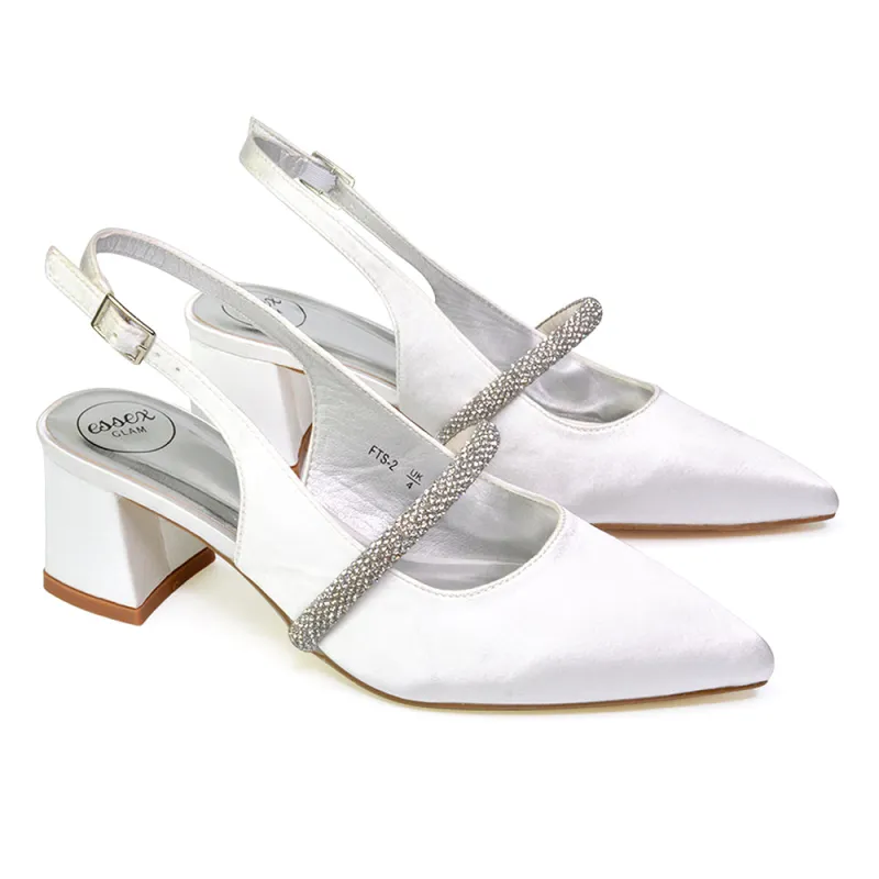 Sandie Sling Back Strappy Pointed Toe Diamante Mid Block Heels in White sold by XYlondon