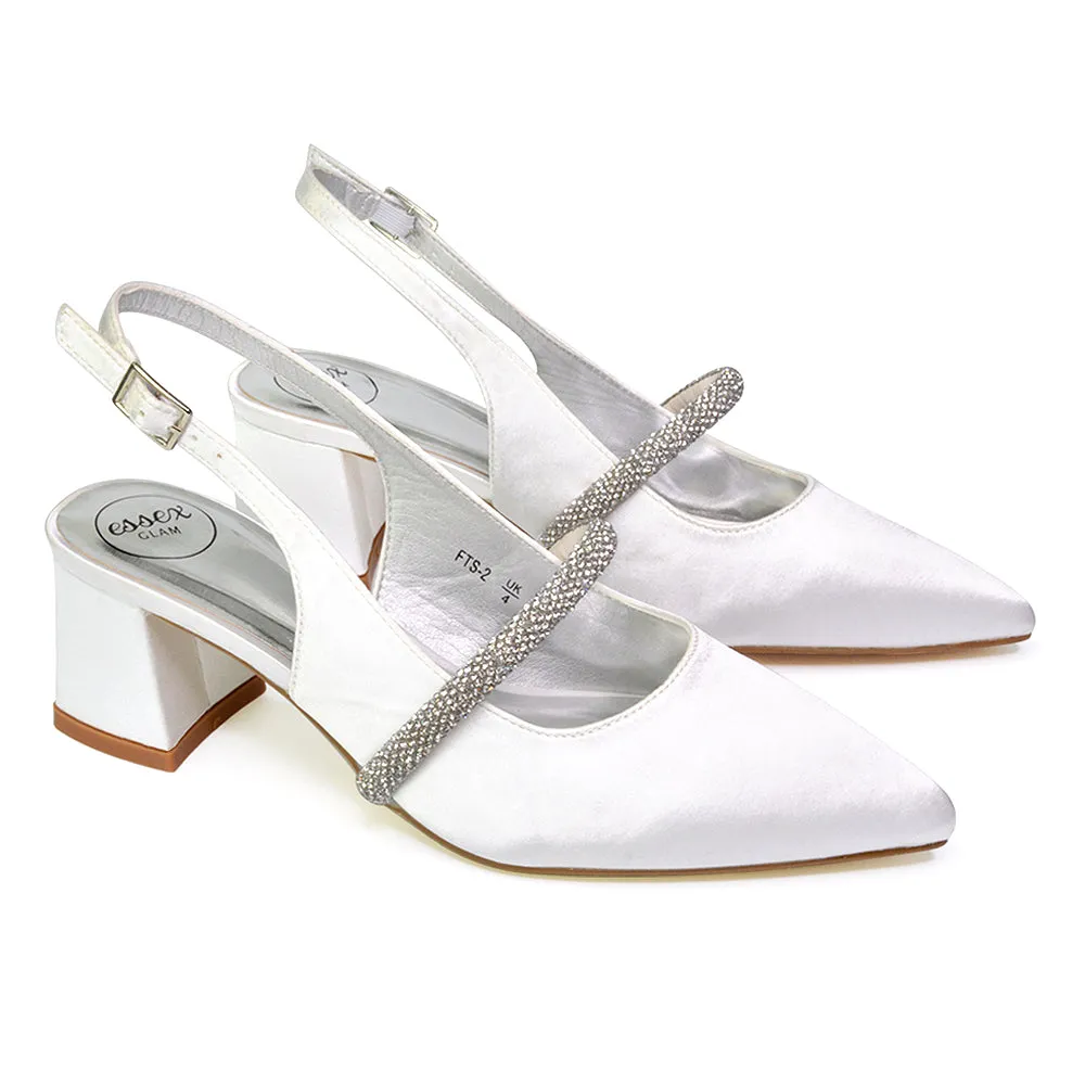 Sandie Sling Back Strappy Pointed Toe Diamante Mid Block Heels in White sold by XYlondon