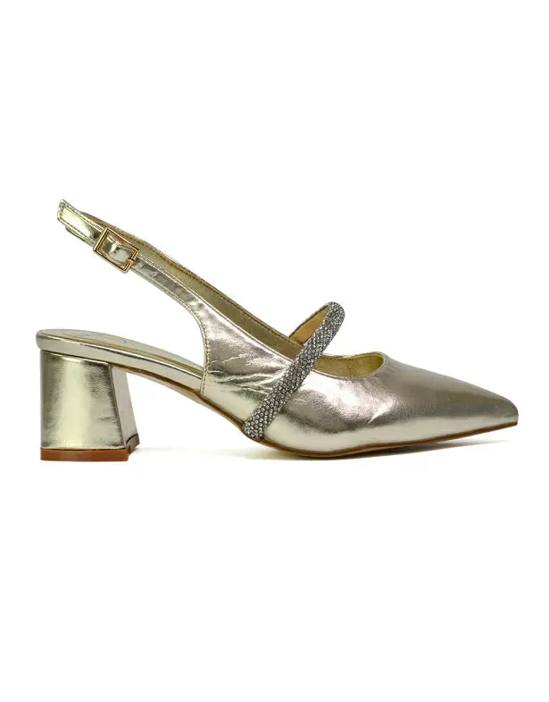 Sandie Sling Back Strappy Pointed Toe Diamante Mid Block Heels in Gold sold by XYlondon product image thumbnail 4