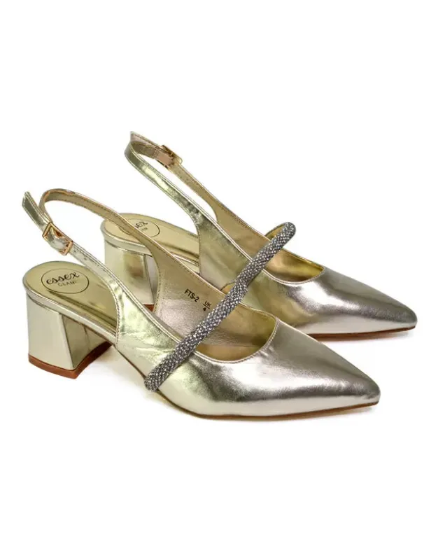Sandie Sling Back Strappy Pointed Toe Diamante Mid Block Heels in Gold sold by XYlondon
