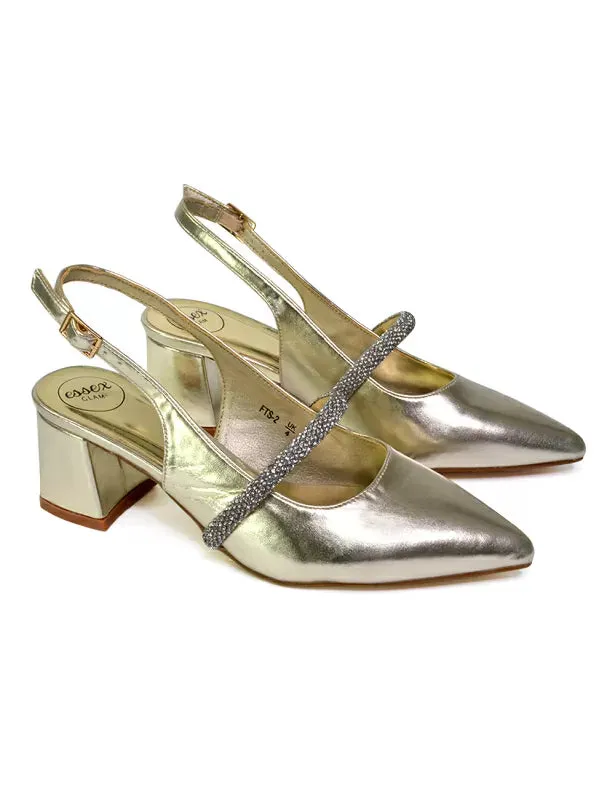 Sandie Sling Back Strappy Pointed Toe Diamante Mid Block Heels in Gold sold by XYlondon