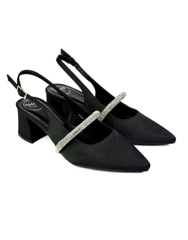 Sandie Sling Back Strappy Pointed Toe Diamante Mid Block Heels in Black sold by XYlondon