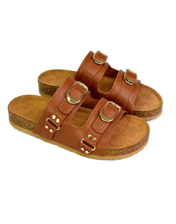 Evan Strappy Slip On Mule Summer Holiday Buckle Flat Sandals Sliders in Tan sold by XYlondon