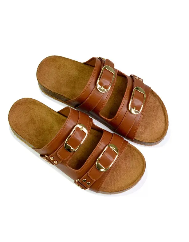 Evan Strappy Slip On Mule Summer Holiday Buckle Flat Sandals Sliders in Tan sold by XYlondon product image thumbnail 2