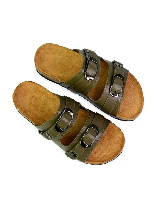 Evan Strappy Slip On Mule Summer Holiday Buckle Flat Sandals Sliders in Khaki sold by XYlondon