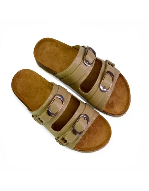 Evan Strappy Slip On Mule Summer Holiday Buckle Flat Sandals Sliders in Taupe sold by XYlondon